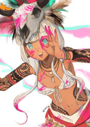 1girl :d alternate_costume arm_tattoo bikini bikini_top_only blood blood_in_hair blood_on_face blood_on_hands blue_eyes blunt_bangs bracelet breasts cleavage collarbone commentary cowboy_shot danganronpa_(series) danganronpa_v3:_killing_harmony dark-skinned_female dark_skin english_commentary feathers front-tie_top highres jewelry long_hair looking_at_viewer navel navel_piercing necklace open_mouth piercing pink_blood qosic shell shell_necklace silver_hair skull_on_head smile solo swimsuit tattoo tribal white_bikini yonaga_angie
