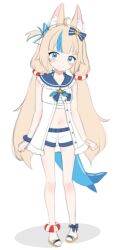 1girl ahoge animal_ear_fluff animal_ears blonde_hair blue_eyes blue_hair blush breasts cat_ears closed_mouth dress fins fish_girl fish_tail highres indie_virtual_youtuber long_hair looking_at_viewer low_twintails mooramango multicolored_hair navel one_side_up sameko_saba short_shorts shorts sleeveless sleeveless_dress small_breasts solo streaked_hair tail twintails very_long_hair virtual_youtuber white_background white_dress white_shorts