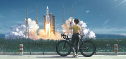 1girl bicycle bird black_hair black_pants blue_skirt bottle chinese_national_space_administration fire forest from_behind full_body highres long_march_(rocket) nature ocean original paid_reward_available painting_(medium) pants people&#039;s_liberation_army_strategic_support_force rocket seagull shirt shoes shouhui_lang_qun signature skirt smoke sneakers solo spacecraft standing traditional_media tree water water_bottle white_sneakers yellow_shirt