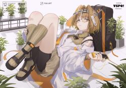 .akuma 1girl alternate_costume black_bag black_nails black_sandals black_shorts brown_hair copyright_name digital_media_player earbuds earphones full_body glasses grey_socks grey_sweater hair_intakes hand_up hat holding_digital_media_player jacket knees_up long_sleeves looking_at_viewer lying medium_hair nail_polish on_back open_clothes open_jacket orange_hat parted_lips plant potted_plant purple_eyes sandals sendo_yuuhi shorts sideways_hat sleeveless sleeveless_sweater sleeveless_turtleneck socks solo sweater turtleneck turtleneck_sweater two-sided_fabric two-sided_jacket virtual_youtuber visor_cap vspo! white_background white_jacket wide_sleeves