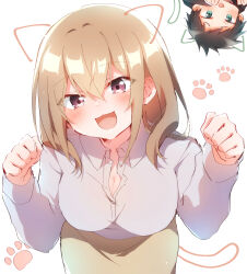 1boy 1girl absurdres animal_ears black_hair blush breasts brown_hair cat_ears cat_tail cleavage collared_shirt commentary_request drawn_ears drawn_tail dress_shirt green_eyes hair_between_eyes highres katase_shiori large_breasts leaning_forward long_sleeves medium_hair nyaa_(nnekoron) open_mouth paw_pose paw_print paw_print_background purple_eyes shinozaki_takuma shirt short_hair skirt smile solo_focus standing tail uchi_no_kaisha_no_chiisai_senpai_no_hanashi white_background white_shirt yellow_skirt