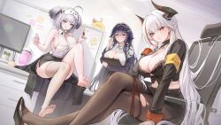 3girls :q admiral_zenker_(azur_lane) admiral_zenker_(fun_with...interrogations?)_(azur_lane) ahoge anger_vein armband azuma_(azur_lane) azuma_(career_counseling_for_the_groom)_(azur_lane) azur_lane black_bra black_hair black_horns black_pantyhose black_shoes black_suit bra breasts chair cleavage clipboard collared_shirt cosmetics crossed_legs eye_mask formal_clothes glasses gradient_hair grey_eyes highres holding holding_clipboard horns lace lace-trimmed_bra lace_trim large_breasts looking_at_viewer manjuu_(azur_lane) mask mask_on_head monitor multicolored_hair multiple_girls nail_polish_bottle nail_polish_brush office_chair office_lady official_alternate_costume official_art orange_eyes pantyhose red_eyes red_hair red_streaks shirt shoes short_hair single_thighhigh sitting suit swivel_chair thick_eyebrows thighhighs third-party_source tongue tongue_out torn_clothes torn_pantyhose two_side_up underwear white_hair white_shirt yellow_armband z13_(azur_lane) z13_(strategic_date_solution)_(azur_lane)