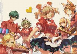 1boy 5girls aketohgo alternate_costume animal_ears apron belt blonde_hair breasts burnice_white caesar_king_(zenless_zone_zero) can closed_mouth collared_shirt crop_top food french_fries furry furry_female green_eyes green_hair hair_ornament hair_over_one_eye heart highres holding holding_tray lighter_(zenless_zone_zero) long_hair looking_at_viewer luciana_de_montefio midriff multiple_girls navel one_eye_closed open_mouth pasta piper_wheel pizza pleated_skirt ponytail puffy_short_sleeves puffy_sleeves pulchra_fellini red_eyes red_shirt shirt short_sleeves side_ponytail simple_background skirt sunglasses thighhighs tray twitter_username v waist_apron waiter waitress white_thighhighs zenless_zone_zero