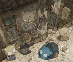 apron bee black_boots boots box brown_theme bug commentary_request creature creature_focus glasses highres holding holding_newspaper insect newspaper no_humans original shimarisu_yukichi shop signature sketch trash_can