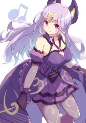 1girl absurdres bare_shoulders blush breasts cleavage cleavage_cutout clothing_cutout commentary_request dress duel_monster fortissimo frilled_dress frilled_skirt frills gloves hair_ornament highres idol idol_clothes kanzakietc large_breasts long_hair looking_at_viewer musical_note musical_note_hair_ornament open_mouth purple_dress purple_eyes purple_gloves purple_hair simple_background skirt solo solsolfachord_gracia white_background yu-gi-oh!