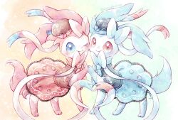 animal_focus blue_dress blue_eyes blue_hat blush closed_mouth clothed_pokemon dress gen_6_pokemon hat highres looking_at_viewer nintendo no_humans one_eye_closed pink_dress pink_eyes pink_hat pokemon pokemon_(creature) remedy_matome smile standing sylveon