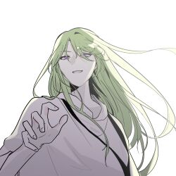 Rule 34 | 1boy, commentary request, enkidu (fate), fate/grand order, fate (series), green hair, hair over eyes, highres, kassia, kingu (fate), korean commentary, long hair, male focus, purple eyes, robe, smile, solo, upper body