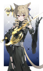 1girl absurdres animal_ear_fluff animal_ears black_dress black_footwear black_gloves black_shorts blonde_hair blue_ribbon braid braided_ponytail breasts cat_ears cat_tail commission dress drill_hair elbow_gloves eyebrows_hidden_by_hair feet_out_of_frame final_fantasy final_fantasy_xiv gloves hair_between_eyes hair_ribbon highres holding holding_weapon kiliko-san lips long_hair looking_at_viewer miqo&#039;te pelvic_curtain pixiv_commission rapier red_eyes red_mage_(final_fantasy) ribbon shiny_weapon shorts simple_background slit_pupils small_breasts smile solo sparkle sword tail teeth thigh_strap twin_drills warrior_of_light_(ff14) weapon