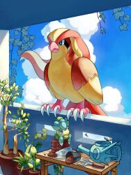 Rule 34 | 2others, alternate color, cloud, dirt, flower pot, fomantis, gen 1 pokemon, gen 7 pokemon, highres, holding trowel, horsea, multiple others, nintendo, no humans, p9kfxaofqi54546, perching, pidgeot, plant, plant monster, pokemon, pokemon (creature), potted plant, shiny pokemon, sky, soil, table, tree, vines, watering can