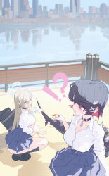 !? 2girls absurdres asuna_(blue_archive) asuna_(school_uniform)_(blue_archive) blue_archive blue_halo blush candy cityscape crossover ellen_joe fins fish_tail food grabbing_another&#039;s_tail hair_over_one_eye halo highres holding holding_candy holding_food kneeling lollipop mole mole_under_eye multiple_girls panties rimeye river school_uniform shark_girl shark_tail surprised tail underwear white_panties zenless_zone_zero