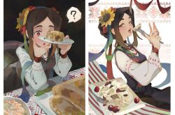 1girl ? abstract_background brown_hair choker dumpling embroidery floral_print floral_print_shirt flower flower_wreath food fork hair_flower hair_ornament hair_ribbon head_wreath heliyoru holding holding_food holding_fork holding_plate jewelry long_sleeves looking_at_viewer medium_hair multiple_views open_mouth original plate poppy_(flower) puffy_long_sleeves puffy_sleeves red_choker red_eyes ribbon sidelocks sitting slavic_clothes sleeve_cuffs sunflower table ukraine ukrainian_clothes varenyky vinok vyshyvanka