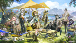 1boy 1other 4girls amiya_(arknights) animal_ears arknights arrow_(symbol) black_pants black_shirt blue_eyes blue_shirt boots brown_hair brown_shorts cake camera camping can character_charm charm_(object) chinese_commentary cloud coat commentary_request copyright_logo copyright_notice cropped_jacket cropped_shirt cup doctor_(arknights) drink_can exusiai_(arknights) fiammetta_(arknights) fingerless_gloves food gloves hat highres holding holding_camera holding_can hood hood_up hooded_coat horns jacket jewelry kettle lake lemuen_(arknights) midriff mostima_(arknights) mountain multiple_girls necrass_(arknights) official_art orange_eyes pants pink_eyes pink_hair red_eyes ring ruoganzhao shirt shoes shorts simple_bird sitting skadi_(arknights) socks tail teacup tent thigh_boots ulpianus_(arknights) wheelchair white_hair white_shirt yellow_coat yellow_hat yellow_jacket