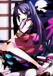 1girl alternate_costume closed_mouth cloud cushion elbow_pads female_focus hatsune_miku indoors japanese_clothes kimono kunai kurohara_yuu long_hair looking_at_viewer moon night night_sky ninja no_shoes sandals scroll shoe_dangle short_kimono shuriken sitting sky sleeveless sleeveless_kimono sliding_doors smile socks solo stitches twintails vocaloid weapon