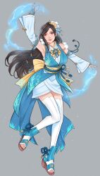 1girl bare_shoulders black_hair blue_hanfu breasts chinese_clothes crylin6 detached_sleeves final_fantasy final_fantasy_vii final_fantasy_vii_ever_crisis flower full_body grey_background hair_flower hair_ornament hanfu highres large_breasts long_hair official_alternate_costume red_eyes sandals smile solo swept_bangs thighhighs tifa_lockhart tifa_lockhart_(festive_blue_daffodil_attire) white_thighhighs
