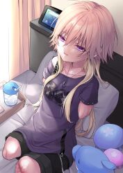 Rule 34 | 1girl, absurdres, ahoge, amputee, bed, black shorts, blonde hair, breasts, collarbone, commentary request, commission, cup, curtains, drinking straw, empty eyes, from above, full body, grin, hair between eyes, hair flaps, hair over shoulder, highres, idolmaster, idolmaster cinderella girls, jewelry, light particles, multicolored hair, necklace, ninomiya asuka, nuno kire, on bed, orange hair, parted lips, pillow, pixiv commission, purple eyes, purple shirt, quadruple amputee, shirt, short sleeves, shorts, sidelighting, single bare shoulder, small breasts, smile, solo, stuffed animal, stuffed dolphin, stuffed toy, sunlight, tray, two-tone hair, water