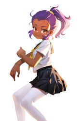 absurdres bandaid black_skirt brawl_stars dark_skin highres jy_kokoro looking_at_viewer neckerchief pantyhose ponytail purple_hair sailor_collar school_uniform serafuku shelly_(brawl_stars) shirt simple_background skirt white_background white_pantyhose white_shirt yellow_neckerchief
