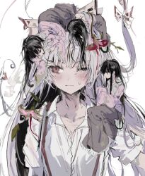 black_hair blush bow closed_mouth frills fujiwara_no_mokou full_body grey_skirt hair_bow hair_ribbon highres houraisan_kaguya long_hair long_sleeves mini_person mini_person_on_head mini_person_on_shoulder one_eye_closed pink_shirt red_eyes ribbon sesmkun shirt short_sleeves skirt touhou upper_body very_long_hair white_background white_hair white_shirt