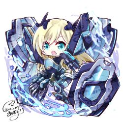 1girl armor az_(colorb05) blonde_hair blue_armor blue_eyes chibi commentary_request duel_monster full_body long_hair mecha robot signature simple_background sky_striker_ace_-_raye sky_striker_ace_-_shizuku solo water white_background yu-gi-oh!