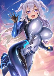 Rule 34 | 1girl, absurdres, armored bodysuit, blush, bodysuit, braid, breasts, covered erect nipples, covered navel, da-negi, fortified suit, gakusen toshi asterisk, hair between eyes, highres, impossible bodysuit, impossible clothes, large breasts, long hair, looking at viewer, mecha pilot suit, muv-luv, muv-luv alternative, open mouth, purple bodysuit, purple eyes, purple hair, shiny clothes, skin tight, smile, solo, toudou kirin, two side up, very long hair