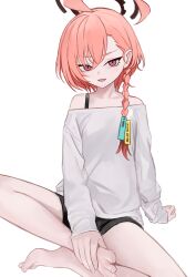 1girl absurdres barefoot blue_archive braid butterfly_sitting commentary highres looking_at_viewer nagata_gata neru_(blue_archive) open_mouth pink_eyes pink_hair shirt simple_background sitting smile solo white_background white_shirt