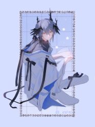 1boy absurdres arknights closed_mouth commentary eve_(meltdown) full_body grey_hair grey_jacket grey_pants hair_between_eyes highres jacket logos_(arknights) long_sleeves looking_at_viewer male_focus orange_eyes pants short_hair sitting solo symbol-only_commentary