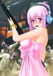1girl 3d 5others absurdres assault_rifle blush bow bracelet breasts brown_hair creepy crown dress gun headphones highres jewelry large_breasts m16 m16a2 multiple_others nail_polish nitroplus open_mouth pink_eyes pink_hair red_eyes rifle scared short_hair super_sonico tears tiara tsuji_santa weapon what zombie