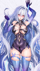 Rule 34 | 1girl, arm up, armpits, bare shoulders, blue gloves, blue thighhighs, blush, breasts, clothing cutout, covered erect nipples, dakimakura (medium), genshin impact, gloves, hair between eyes, hair ornament, highres, large breasts, long hair, looking at viewer, lying, navel, navel cutout, obiwan, on back, parted lips, purple eyes, revealing clothes, skirk (genshin impact), solo, stomach, thighhighs, thighs, underwear, weisuoxin, white hair