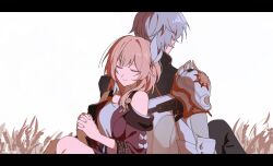 1boy 1girl armor back-to-back breasts closed_eyes coat cyrene_(honkai:_star_rail) dress hair_ornament hashtag-only_commentary highres honkai:_star_rail honkai_(series) letterboxed maroronegi medium_hair multicolored_hair outdoors pauldrons phainon_(honkai:_star_rail) pink_hair purple_coat short_hair shoulder_armor single_pauldron sitting small_breasts smile two-tone_hair wheat wheat_field white_coat white_dress white_hair