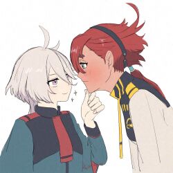 Rule 34 | 2girls, ahoge, asticassia school uniform, black hairband, blush, commentary, eye contact, green jacket, gundam, gundam suisei no majo, hairband, hand on another&#039;s chin, highres, jacket, kokedama12, lcl, leaning forward, long hair, looking at another, miorine rembran, multiple girls, neckerchief, necktie, ponytail, purple eyes, red hair, red necktie, school uniform, simple background, smile, sparkle, suletta mercury, thick eyebrows, white background, white hair, white jacket, yellow neckerchief, yuri