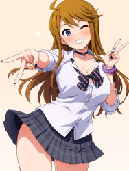 Rule 34 | 1girl, absurdres, ahige, black choker, black nails, black skirt, blush, breasts, brown hair, choker, cleavage, collarbone, concept gyarus (idolmaster), cowboy shot, earrings, gradient background, grin, hair between eyes, highres, idolmaster, idolmaster million live!, idolmaster million live! theater days, jewelry, large breasts, long hair, mei ichi, one eye closed, open mouth, orange background, outstretched hand, pleated skirt, purple eyes, school uniform, scrunchie, shirt, sidelocks, simple background, skirt, smile, solo, standing, star (symbol), teeth, tokoro megumi, v, white shirt, wrist scrunchie