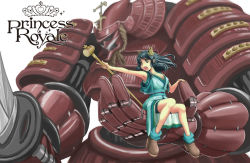 Rule 34 | 1girl, ao usagi, armor, character request, copyright name, huge weapon, in palm, issun-boushi, katana, long hair, mallet, mecha, miracle mallet, open mouth, pointing, princess royale, robot, samurai, simple background, sitting, sword, weapon, white background