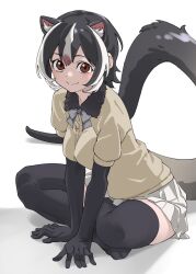 1girl animal_ear_fluff animal_ears black_fur black_gloves black_hair black_thighhighs blush bow bowtie brown_eyes commentary crossed_legs elbow_gloves extra_ears fur_collar gloves grey_bow grey_bowtie hair_between_eyes highres kemono_friends looking_at_viewer masked_palm_civet_(kemono_friends) multicolored_hair no_shoes pink_hair pleated_skirt puffy_short_sleeves puffy_sleeves short_sleeves sidelocks simple_background sitting skirt smile solo streaked_hair sweater tail tanabe_(fueisei) thighhighs white_hair white_skirt yellow_sweater zettai_ryouiki