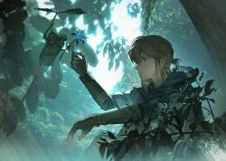 1boy arm_up black_gloves blue_eyes champion&#039;s_tunic_(zelda) commentary earrings elbow_on_knee feet_out_of_frame flower forest gloves hair_intakes hashtag-only_commentary highres holding holding_flower holding_leaf hood hood_down jewelry korok leaf link looking_at_another male_focus mask nature nintendo parted_bangs piercing plant ponytail rain short_ponytail silent_princess sitting sky smile the_legend_of_zelda the_legend_of_zelda:_tears_of_the_kingdom tree tunic yuno_11_02