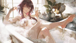 1girl absurdres barefoot bathing bathroom breasts closed_mouth commentary_request convenient_censoring crossed_legs cup drinking_glass feet foot_up hand_up highres holding holding_cup honkai:_star_rail honkai_(series) indoors kafka_(honkai:_star_rail) large_breasts long_hair looking_at_viewer maria_(maria_rose) partial_commentary purple_eyes purple_hair smile soap_bubbles soap_censor soles solo star_(symbol) toes wet