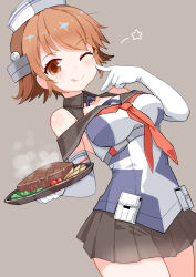 1girl black_skirt blush breasts brown_background brown_eyes brown_hair cherry_tomato dixie_cup_hat elbow_gloves food french_fries gloves hat kanoe_soushi kantai_collection looking_at_viewer medium_breasts military_hat neckerchief one_eye_closed plate red_neckerchief richard_p._leary_(kancolle) richard_p._leary_kai_(kancolle) sailor_collar skirt solo steak tomato upper_body white_gloves white_hat