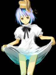 bisuke-tan blue_hair bow brown_eyes clothes_lift dress dress_lift frills kfc object_on_head panties ribbon short_hair skirt skirt_lift standing takashima underwear white_dress