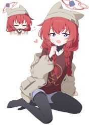1girl :o absurdres animal_hat beanie black_pantyhose black_shirt blue_archive blue_eyes blue_shorts braid brown_headwear brown_jacket cat_hat chibi chibi_inset flying_sweatdrops hagoonha hair_over_shoulder halo hat heart highres jacket layered_clothes looking_at_viewer maki_(blue_archive) maki_(camp)_(blue_archive) multiple_views no_shoes off_shoulder open_clothes open_jacket open_mouth pantyhose pantyhose_under_shorts print_sweater red_hair red_sweater shirt shorts simple_background sitting sweater turtleneck turtleneck_shirt twin_braids v-neck white_background white_shirt