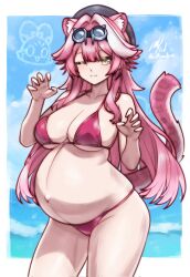 1girl animal_ear_fluff animal_ears bikini breasts collarbone contrapposto extra_ears hat highres hololive large_breasts long_hair looking_at_viewer navel one_eye_closed pink_hair pregnant raora_panthera rotomdocs sidelocks swimsuit