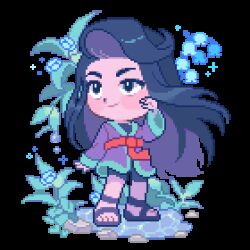 Rule 34 | 1girl, animated, animated gif, black bodysuit, black eyes, black hair, blinking, bodysuit, commentary, commission, english commentary, flower, highres, looping animation, mimpish, original, pixel art, plant, puddle, purple flower, purple rose, rose, sandals, solo