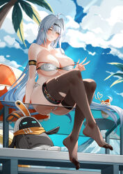 1girl absurdres ahoge ass bangboo_(zenless_zone_zero) bikini black_thighhighs blue_sky breasts cloud commentary_request d._joko earrings eous_(zenless_zone_zero) highres huge_breasts jewelry long_hair parted_lips sitting sky swimsuit thighhighs toes tropical_drink very_long_hair white_bikini white_hair yellow_eyes yi_xuan_(zenless_zone_zero) zenless_zone_zero