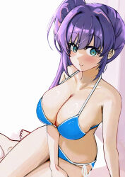 1girl aqua_eyes bare_arms bikini blue_bikini blush breasts cleavage closed_mouth collarbone commentary_request highres large_breasts link!_like!_love_live! long_hair looking_at_viewer love_live! otomune_kozue pisagi purple_hair sidelocks smile solo swimsuit toes