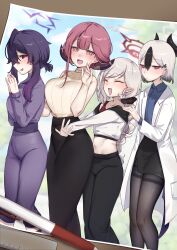 4girls absurdres alternate_costume alternate_hair_length alternate_hairstyle aru_(blue_archive) black_hair black_pants black_pantyhose black_skirt blue_archive blue_shirt blush closed_eyes cropped_shirt demon_girl demon_horns ear_piercing hair_behind_ear hair_between_eyes hands_on_another&#039;s_shoulders haruka_(blue_archive) highres horns jacket kayoko_(blue_archive) long_hair multicolored_hair multiple_girls mutsuki_(blue_archive) navel open_mouth own_hands_together pants pantyhose pencil_skirt piercing pointy_ears problem_solver_68_(blue_archive) purple_eyes purple_hair purple_pants purple_shirt red_eyes red_hair red_tank_top shirt short_hair sidelocks skirt stomach sweater tank_top turtleneck turtleneck_shirt turtleneck_sweater two-tone_hair white_hair white_jacket white_shirt xiao_jian yellow_eyes