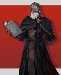 Rule 34 | 1boy, arm behind back, black capelet, black robe, book, capelet, elden ring, elden ring: shadow of the erdtree, helmet, highres, holding, holding book, letterboxed, male focus, open book, outside border, pii0iip, red background, robe, simple background, sir ansbach, solo, standing