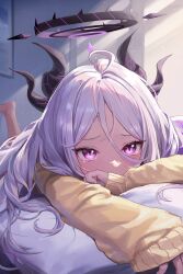 ahoge bed bedroom blue_archive demon_girl feet_up frown grey_hair hair_between_eyes hair_spread_out hina_(blue_archive) horns hugging_object light_rays long_hair long_sleeves looking_ahead lying on_stomach pijamas pillow pillow_hug pink_eyes sad sweater tearing_up tears upset_expression very_long_hair white_hair window window_blinds yellow_sweater