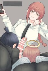 Rule 34 | 1futa, 2boys, angel devil (chainsaw man), ass, bar censor, black hair, black necktie, braid, braided ponytail, breasts, cellphone, censored, chainsaw man, closed mouth, commission, cooperative fellatio, erection, fellatio, femdom, formal clothes, from behind, futa on male, futa with male, futanari, halo, hayakawa aki, highres, holding, holding phone, large breasts, large penis, long hair, long sleeves, makima (chainsaw man), medium breasts, multiple boys, necktie, oral, penis, phone, red hair, shirt, skeb commission, smartphone, smile, suit, teamwork (sexual), white shirt, yuyumaru aikichi