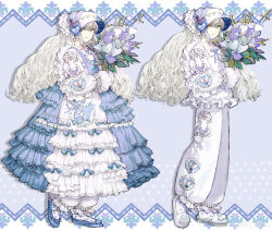 2girls absurdres animal_print baiguiyu blue_background blue_bow blue_flower bonnet bouquet bow dress flower frilled_dress frills full_body green_eyes hat hat_flower highres holding holding_bouquet holding_flower lolita_fashion long_dress long_hair long_sleeves looking_at_viewer multiple_girls original pants print_dress shoes siblings standing twins very_long_hair wavy_hair white_dress white_flower white_hair white_pants white_theme