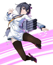 1girl absurdres adapted_turret black_hair blush breasts brown_eyes dress full_body gegesan hat headgear highres kantai_collection mini_hat multicolored_hair neckerchief pantyhose rigging rudder_footwear sailor_dress school_uniform seamed_legwear shirt short_hair short_hair_with_long_locks side-seamed_legwear signature small_breasts smile smokestack_hair_ornament solo tied_shirt tokitsukaze_(kancolle) torpedo_launcher torpedo_tubes white_background yellow_neckerchief