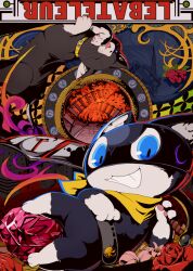 bandana black_cat blue_eyes cat flower french_text gem grin holding holding_sword holding_weapon looking_at_viewer mokechi morgana_(cat)_(persona_5) morgana_(persona_5) no_humans one_eye_closed persona persona_5 railroad_tracks red_flower red_rose rose smile sparkling_eyes sword tarot the_magician_(tarot) weapon white_flower yellow_bandana