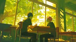 2boys arm_on_table arms_up black_eyes black_hair black_pants black_shirt branch chair classroom collared_shirt commentary dappled_sunlight desk feet_out_of_frame green_theme haikyuu!! hair_behind_ear hair_between_eyes hinata_shouyou holding holding_pencil indoors kageyama_tobio leaf looking_at_object looking_outside male_focus multiple_boys on_chair open_mouth orange_eyes orange_hair pants pencil power_lines school_desk shadow shirt sitting sky sunlight tree window window_shadow yoauuki