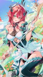 1girl bare_shoulders black_boots boots ciaccona_(wuthering_waves) dress falling_petals green_eyes hair_between_eyes highres holding holding_instrument horns instrument kainown looking_at_viewer musical_note parted_lips petals pointy_ears red_hair scrunchie sheet_music short_sleeves smile solo thigh_boots white_scrunchie wrist_scrunchie wuthering_waves
